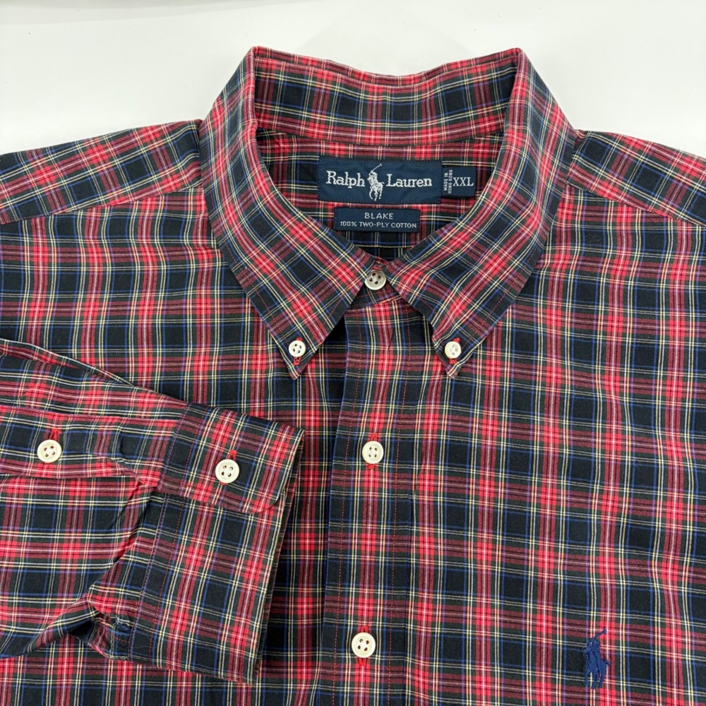 Ralph Lauren Blake Mens XXL Red Navy Plaid Two-Ply Cotton Button Down Shirt